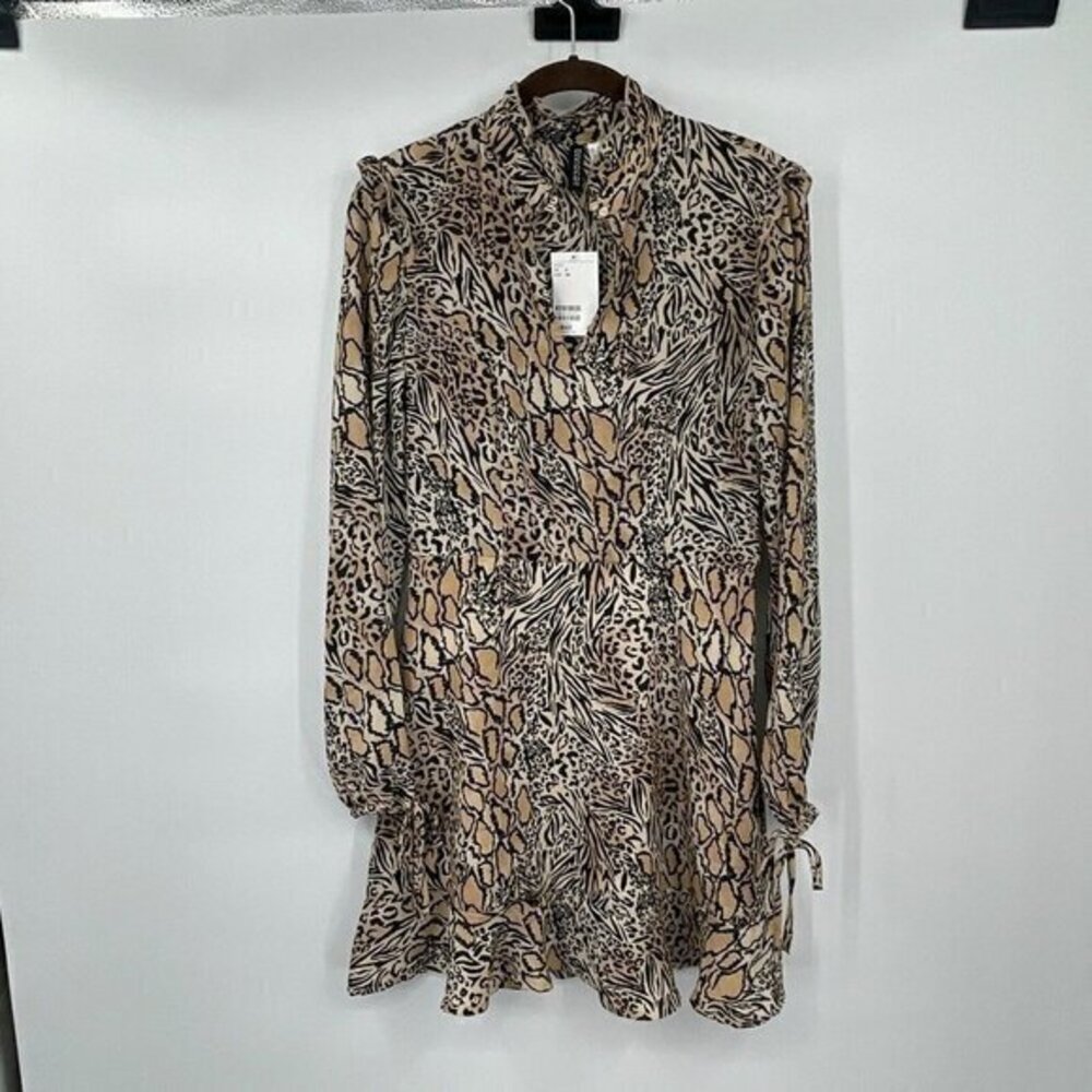 H&M Womens Dress 4 Multi Color High Neck Animal Print Long Sleeves Ruffle New